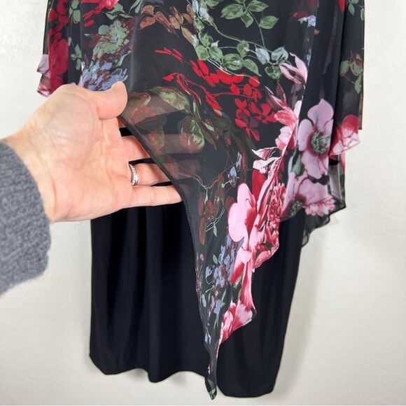 Floral Chiffon Cape Popover Sheath Dress Overlay Black Red Pink Knee Length 18W - Picture 13 of 16